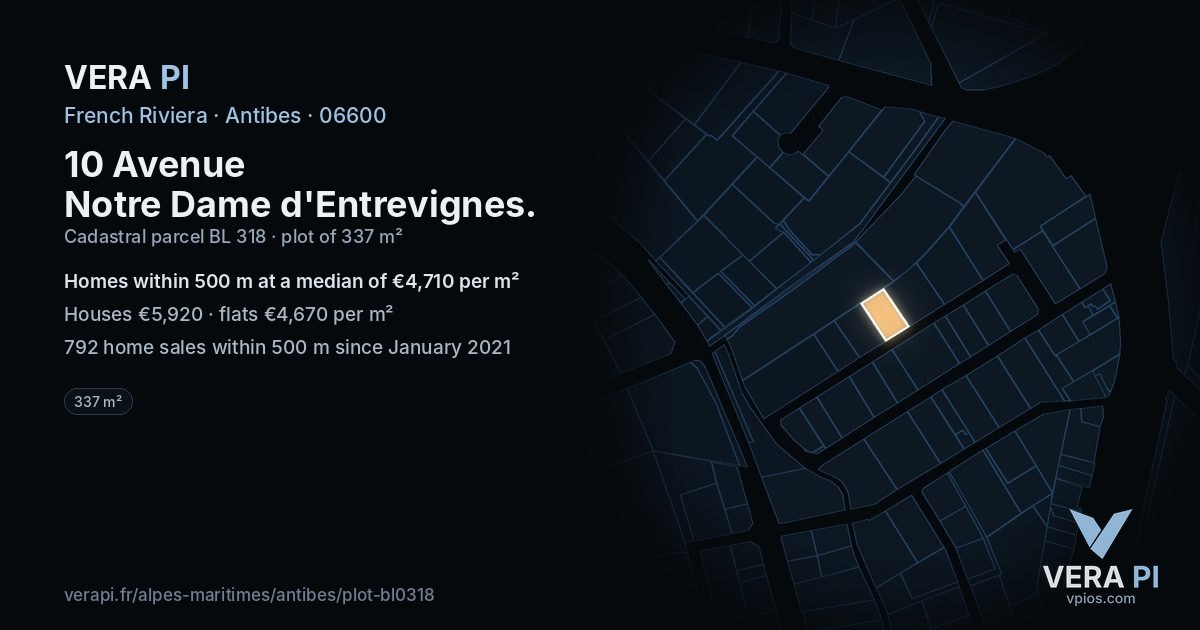 10 Avenue Notre Dame d'Entrevignes, Antibes at night – the plot lit, the parcels around coloured by the prices near them
