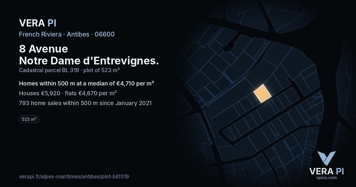 8 Avenue Notre Dame d'Entrevignes, Antibes at night – the plot lit, the parcels around coloured by the prices near them