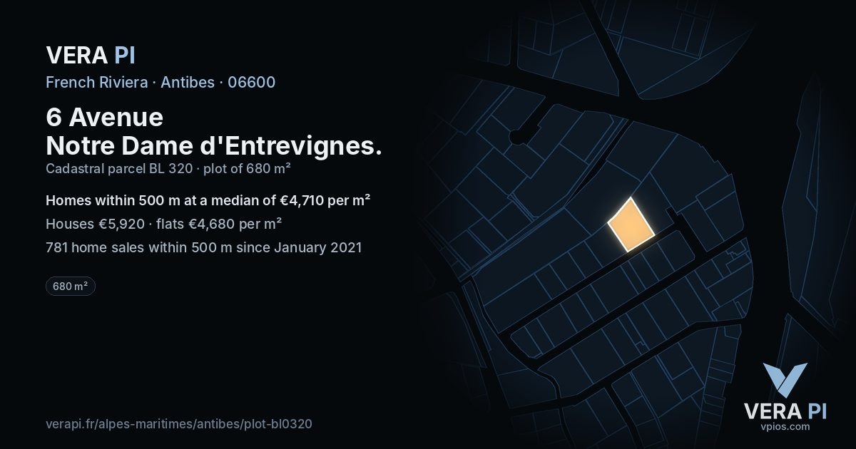 6 Avenue Notre Dame d'Entrevignes, Antibes at night – the plot lit, the parcels around coloured by the prices near them