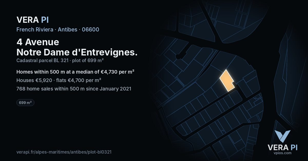 4 Avenue Notre Dame d'Entrevignes, Antibes at night – the plot lit, the parcels around coloured by the prices near them