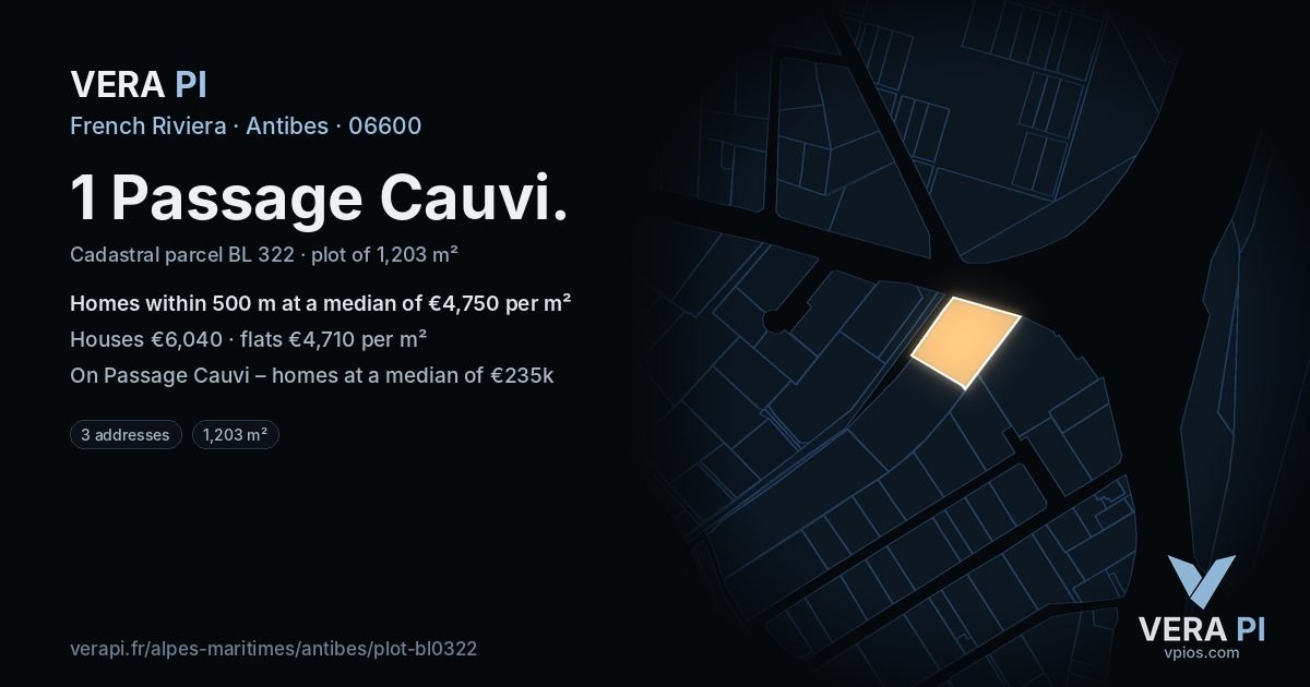 1 Passage Cauvi, Antibes at night – the plot lit, the parcels around coloured by the prices near them