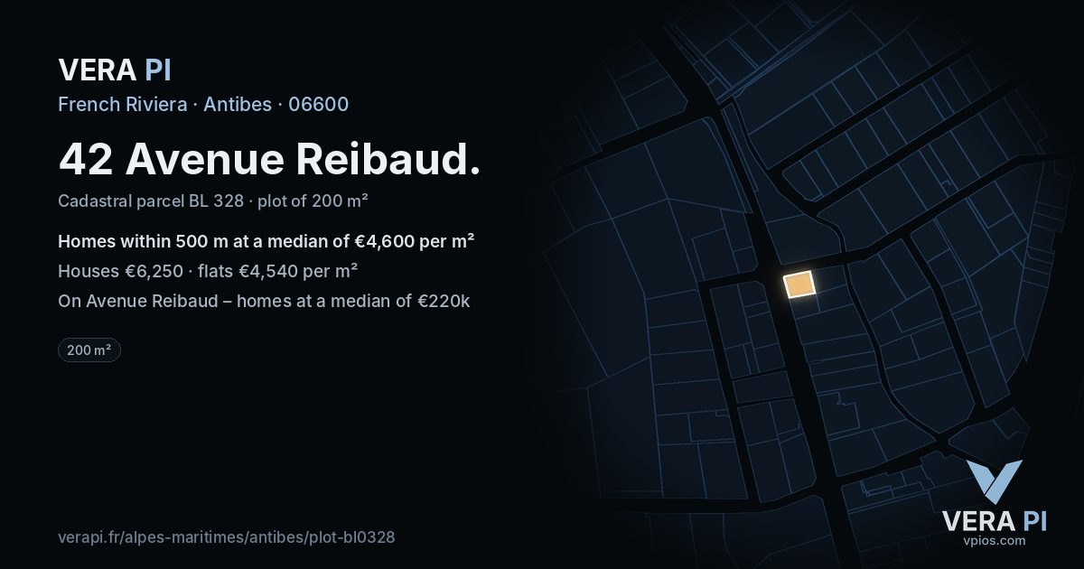 42 Avenue Reibaud, Antibes at night – the plot lit, the parcels around coloured by the prices near them