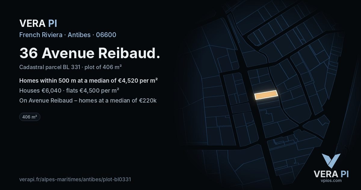 36 Avenue Reibaud, Antibes at night – the plot lit, the parcels around coloured by the prices near them