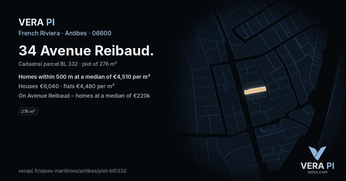 34 Avenue Reibaud, Antibes at night – the plot lit, the parcels around coloured by the prices near them