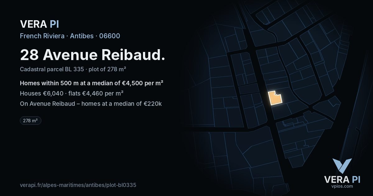 28 Avenue Reibaud, Antibes at night – the plot lit, the parcels around coloured by the prices near them