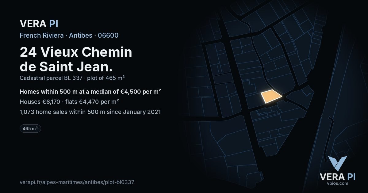 24 Vieux Chemin de Saint Jean, Antibes at night – the plot lit, the parcels around coloured by the prices near them