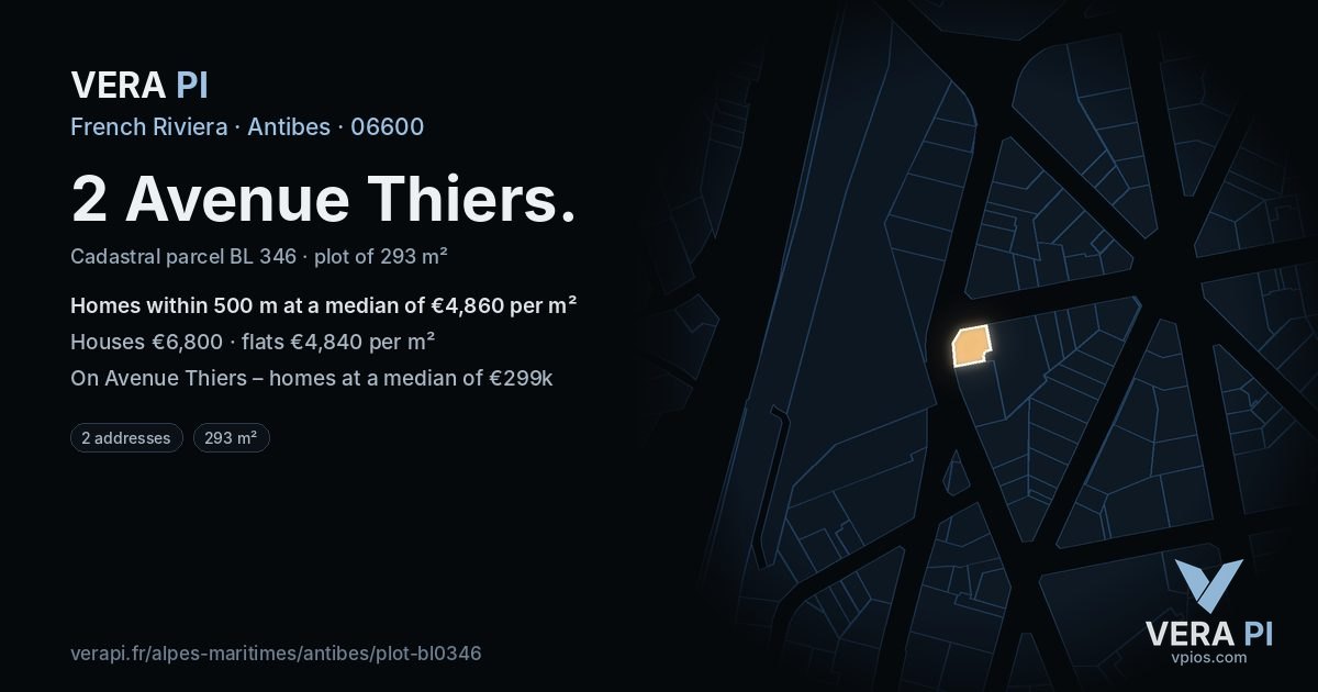 2 Avenue Thiers, Antibes at night – the plot lit, the parcels around coloured by the prices near them