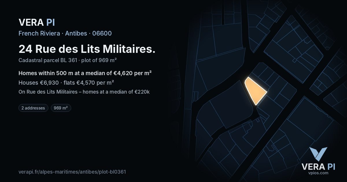 24 Rue des Lits Militaires, Antibes at night – the plot lit, the parcels around coloured by the prices near them
