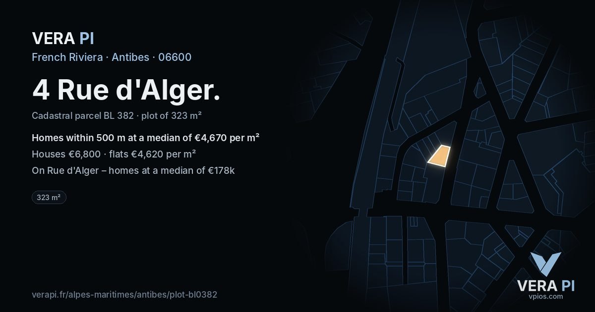 4 Rue d'Alger, Antibes at night – the plot lit, the parcels around coloured by the prices near them