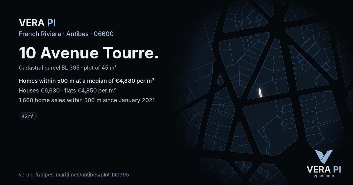 10 Avenue Tourre, Antibes at night – the plot lit, the parcels around coloured by the prices near them