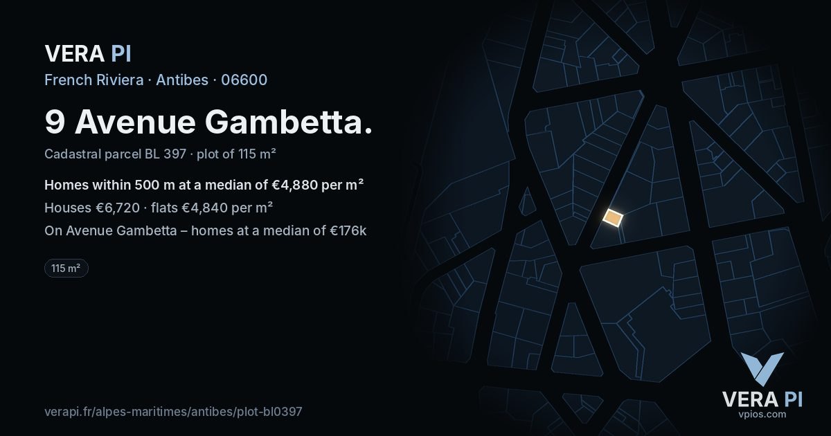 9 Avenue Gambetta, Antibes at night – the plot lit, the parcels around coloured by the prices near them