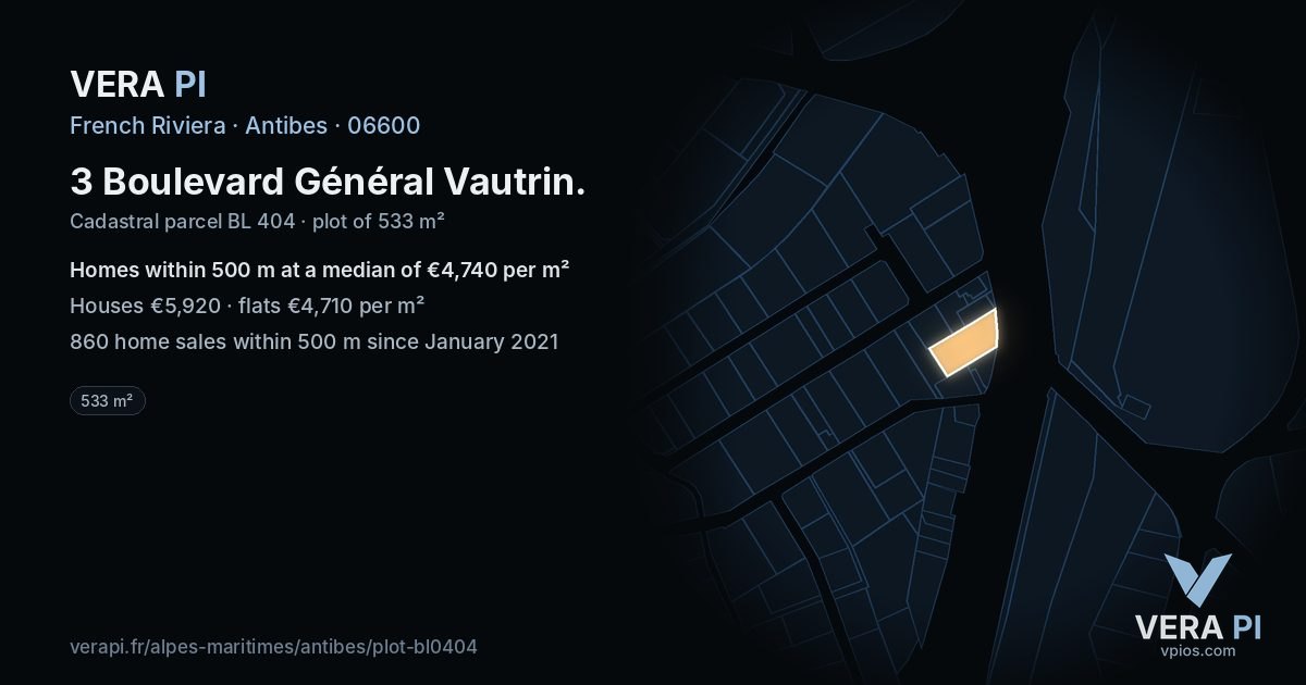 3 Boulevard Général Vautrin, Antibes at night – the plot lit, the parcels around coloured by the prices near them