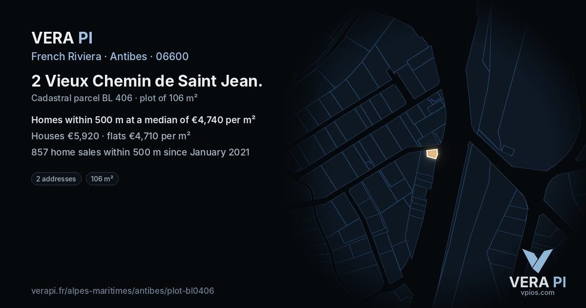 2 Vieux Chemin de Saint Jean, Antibes at night – the plot lit, the parcels around coloured by the prices near them