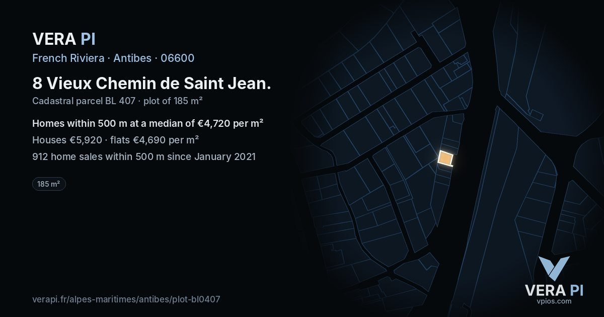 8 Vieux Chemin de Saint Jean, Antibes at night – the plot lit, the parcels around coloured by the prices near them