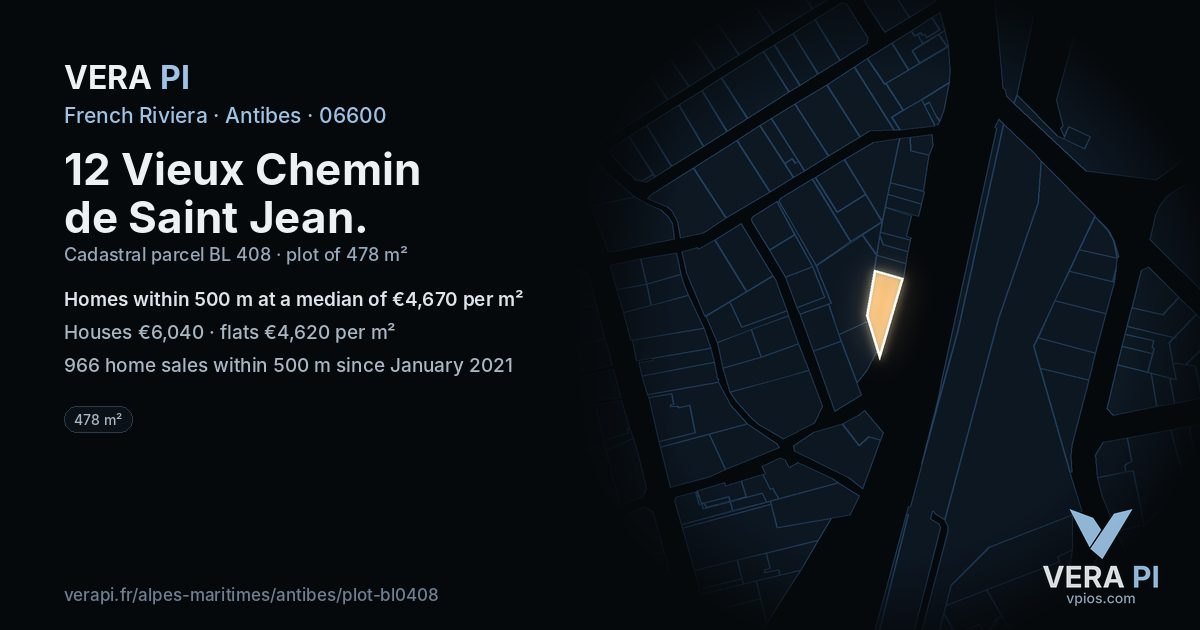 12 Vieux Chemin de Saint Jean, Antibes at night – the plot lit, the parcels around coloured by the prices near them