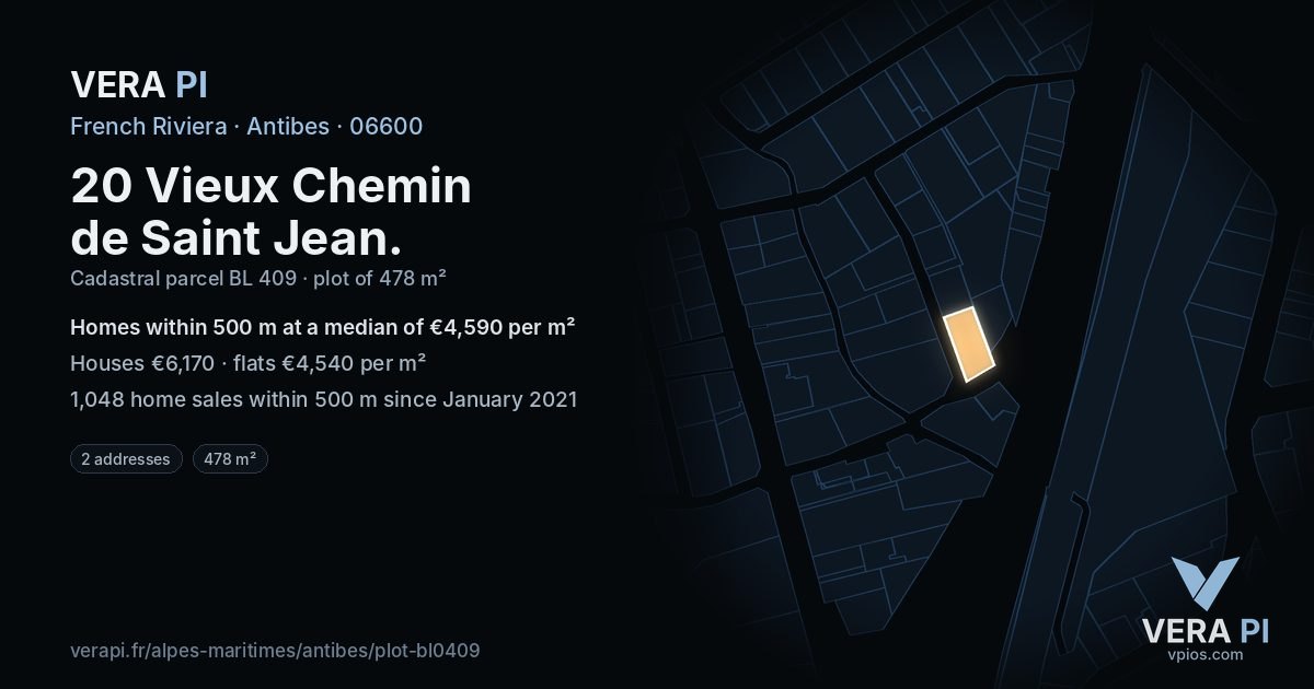 20 Vieux Chemin de Saint Jean, Antibes at night – the plot lit, the parcels around coloured by the prices near them