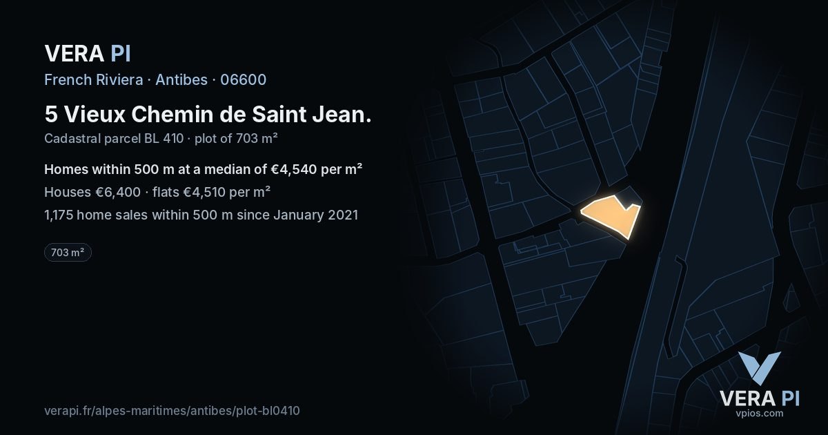 5 Vieux Chemin de Saint Jean, Antibes at night – the plot lit, the parcels around coloured by the prices near them