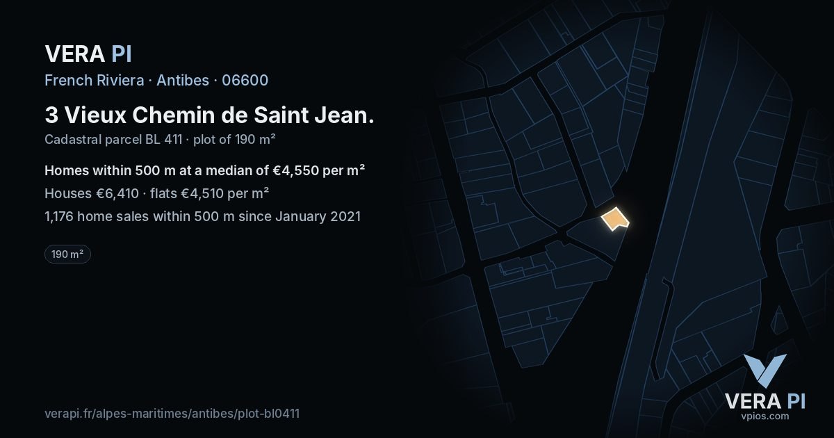 3 Vieux Chemin de Saint Jean, Antibes at night – the plot lit, the parcels around coloured by the prices near them