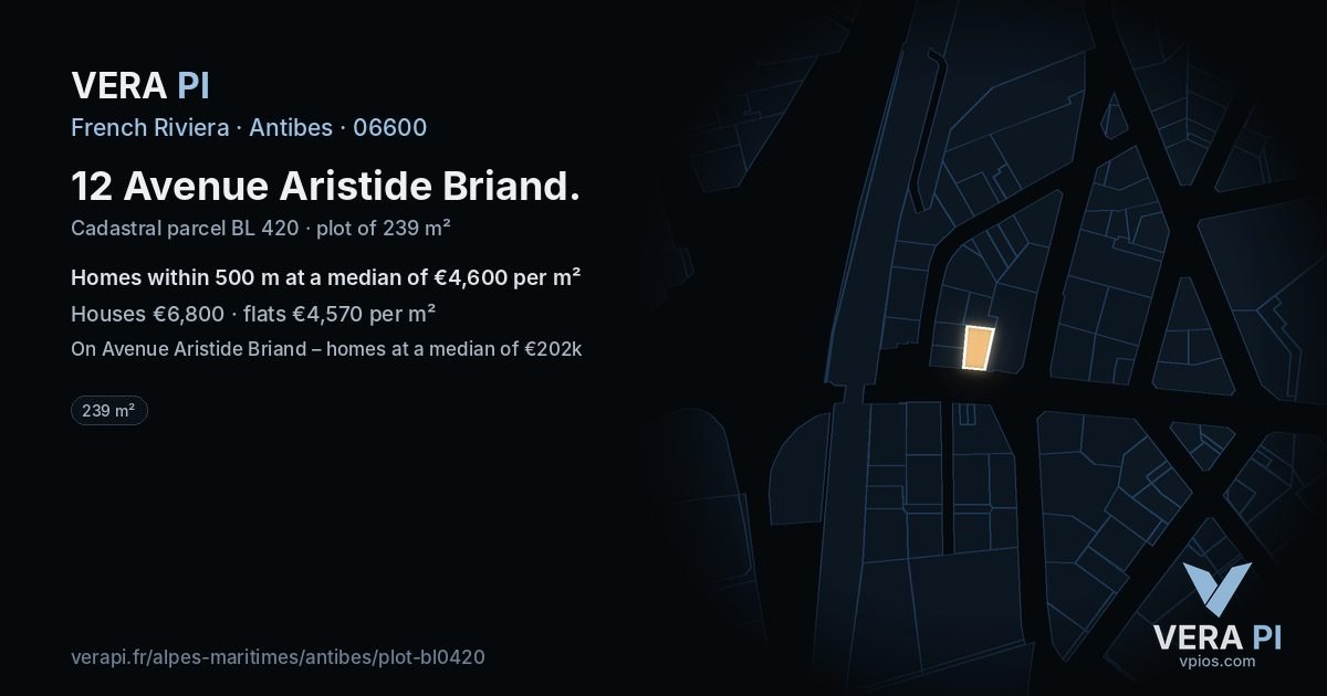 12 Avenue Aristide Briand, Antibes at night – the plot lit, the parcels around coloured by the prices near them