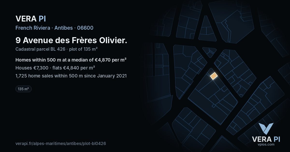 9 Avenue des Frères Olivier, Antibes at night – the plot lit, the parcels around coloured by the prices near them