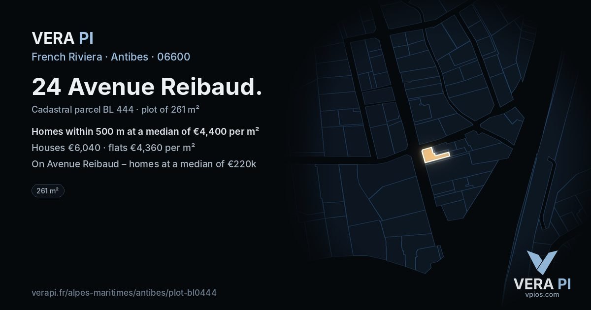 24 Avenue Reibaud, Antibes at night – the plot lit, the parcels around coloured by the prices near them