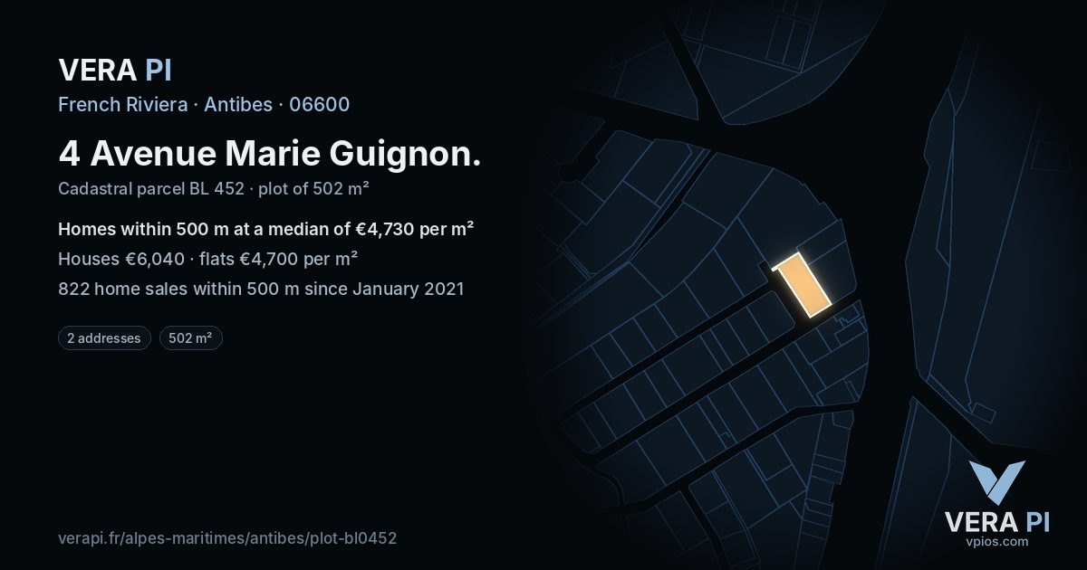 4 Avenue Marie Guignon, Antibes at night – the plot lit, the parcels around coloured by the prices near them