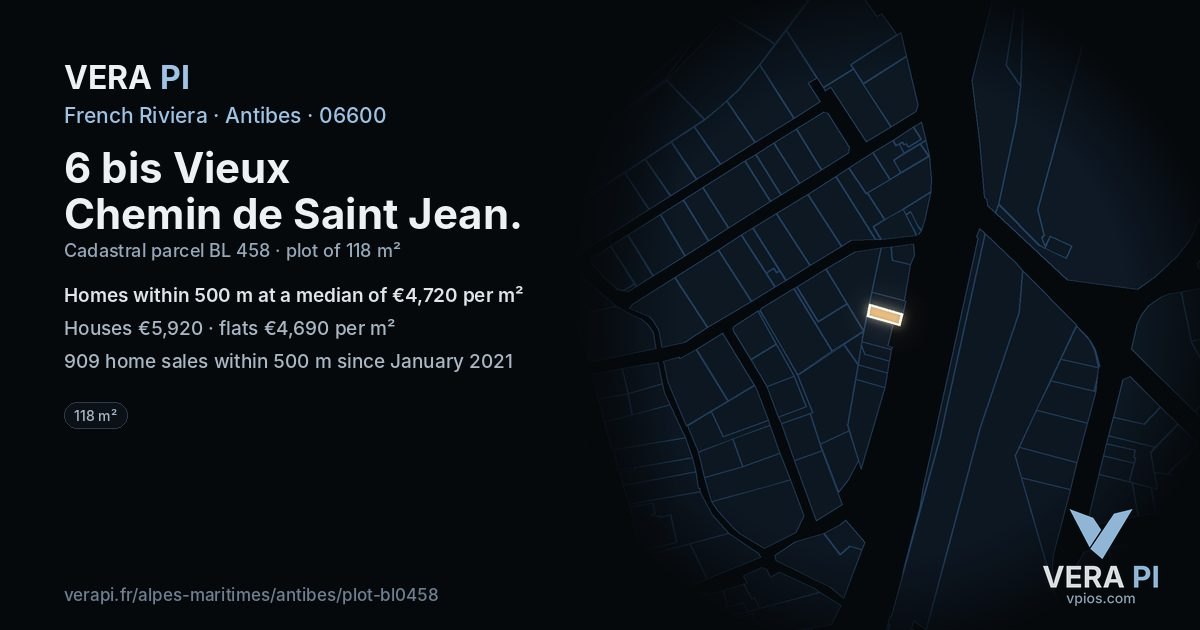 6 bis Vieux Chemin de Saint Jean, Antibes at night – the plot lit, the parcels around coloured by the prices near them