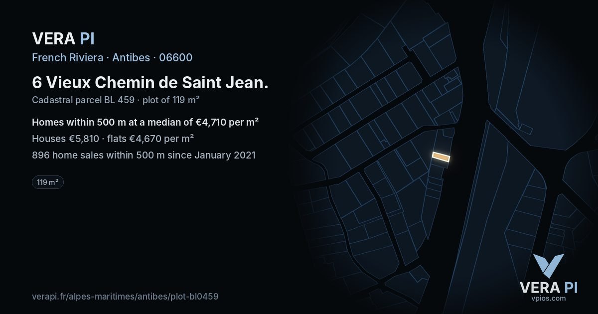 6 Vieux Chemin de Saint Jean, Antibes at night – the plot lit, the parcels around coloured by the prices near them
