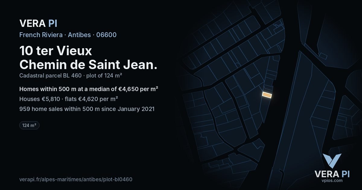 10 ter Vieux Chemin de Saint Jean, Antibes at night – the plot lit, the parcels around coloured by the prices near them