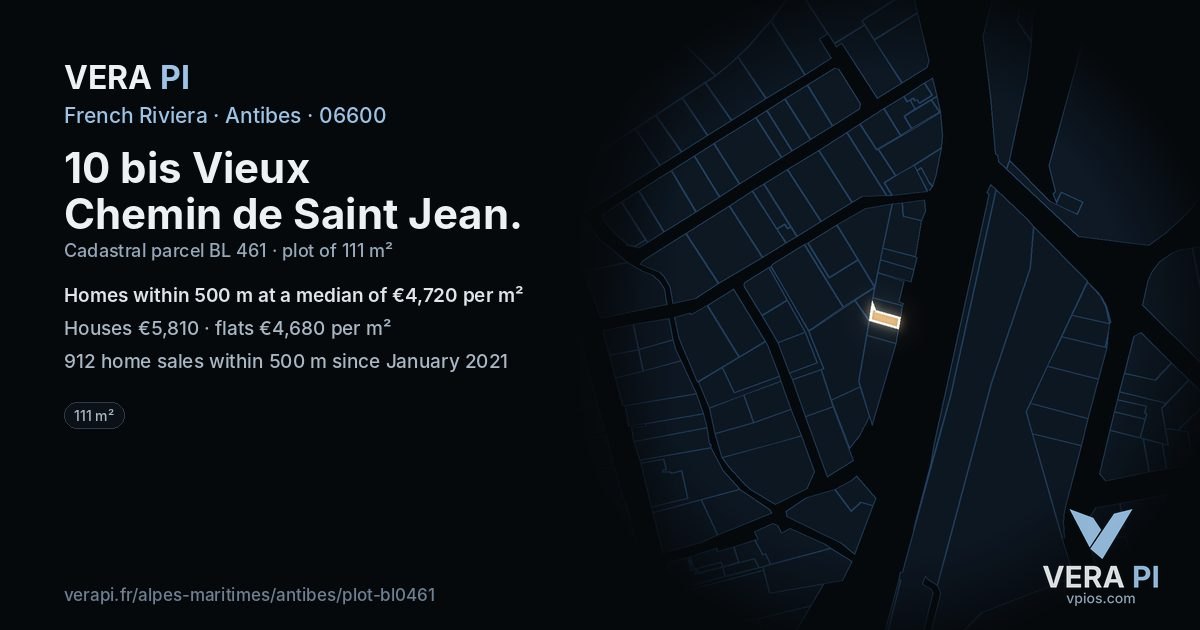 10 bis Vieux Chemin de Saint Jean, Antibes at night – the plot lit, the parcels around coloured by the prices near them