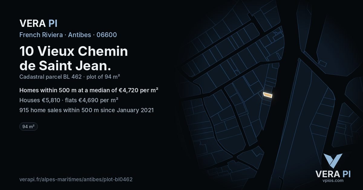 10 Vieux Chemin de Saint Jean, Antibes at night – the plot lit, the parcels around coloured by the prices near them