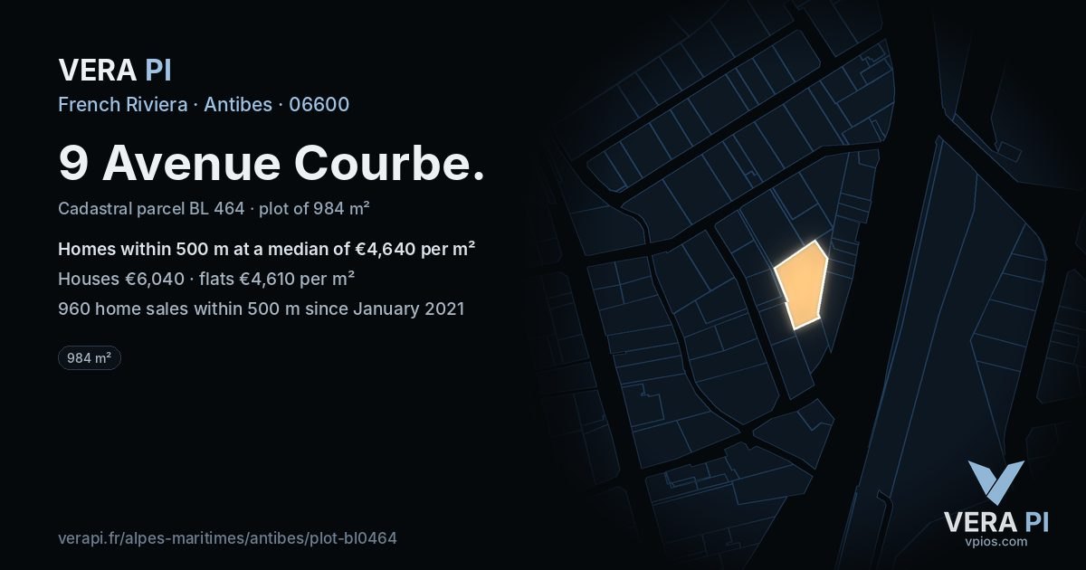9 Avenue Courbe, Antibes at night – the plot lit, the parcels around coloured by the prices near them