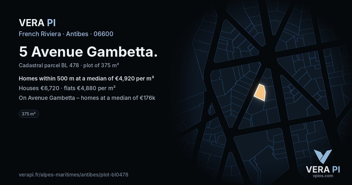 5 Avenue Gambetta, Antibes at night – the plot lit, the parcels around coloured by the prices near them