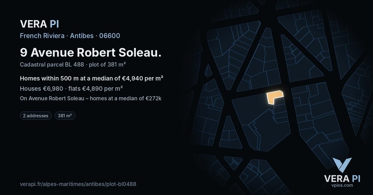 9 Avenue Robert Soleau, Antibes at night – the plot lit, the parcels around coloured by the prices near them