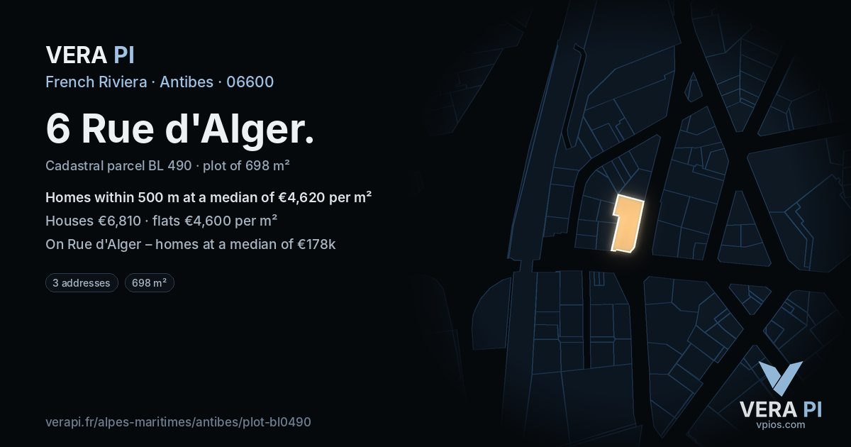 6 Rue d'Alger, Antibes at night – the plot lit, the parcels around coloured by the prices near them