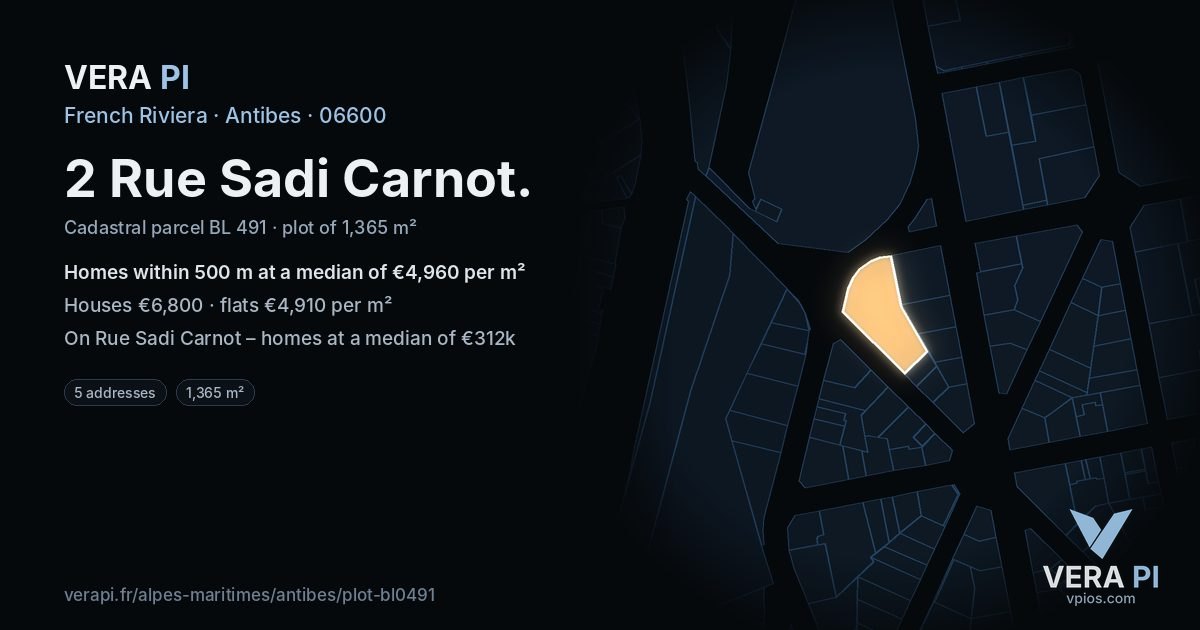 2 Rue Sadi Carnot, Antibes at night – the plot lit, the parcels around coloured by the prices near them