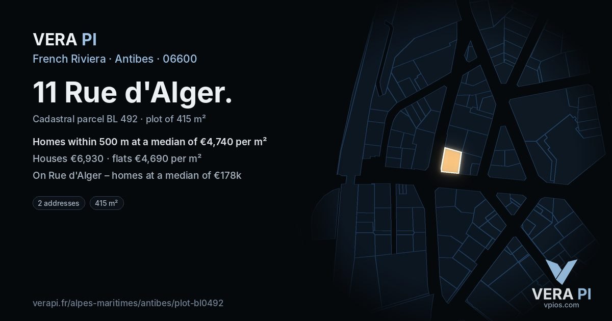 11 Rue d'Alger, Antibes at night – the plot lit, the parcels around coloured by the prices near them