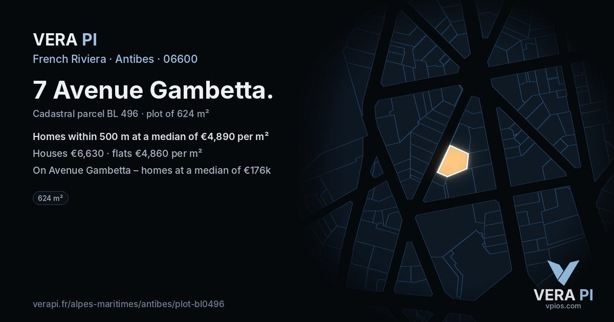 7 Avenue Gambetta, Antibes at night – the plot lit, the parcels around coloured by the prices near them