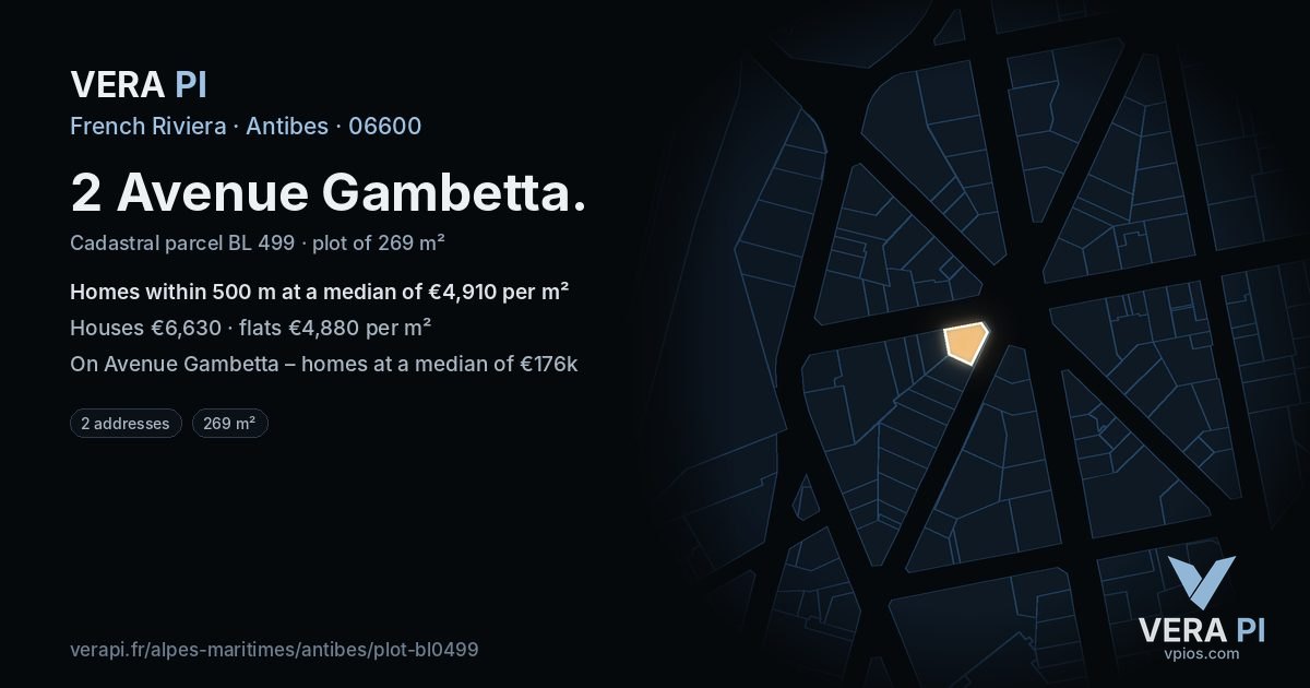 2 Avenue Gambetta, Antibes at night – the plot lit, the parcels around coloured by the prices near them