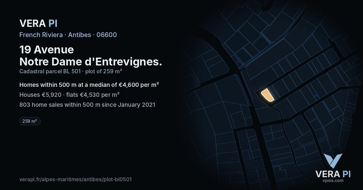 19 Avenue Notre Dame d'Entrevignes, Antibes at night – the plot lit, the parcels around coloured by the prices near them