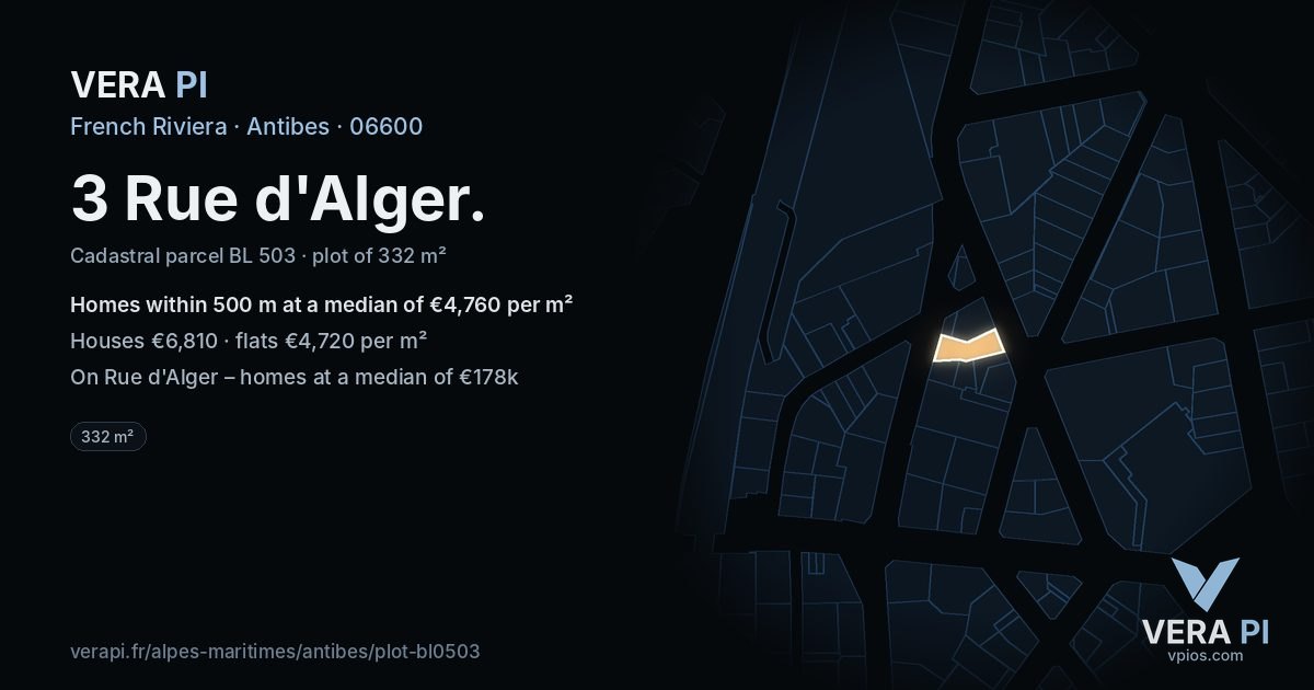 3 Rue d'Alger, Antibes at night – the plot lit, the parcels around coloured by the prices near them