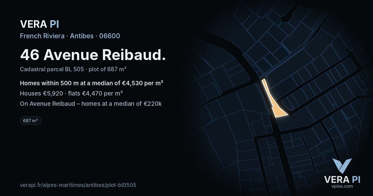 46 Avenue Reibaud, Antibes at night – the plot lit, the parcels around coloured by the prices near them