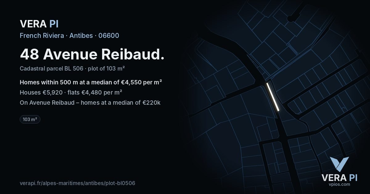 48 Avenue Reibaud, Antibes at night – the plot lit, the parcels around coloured by the prices near them