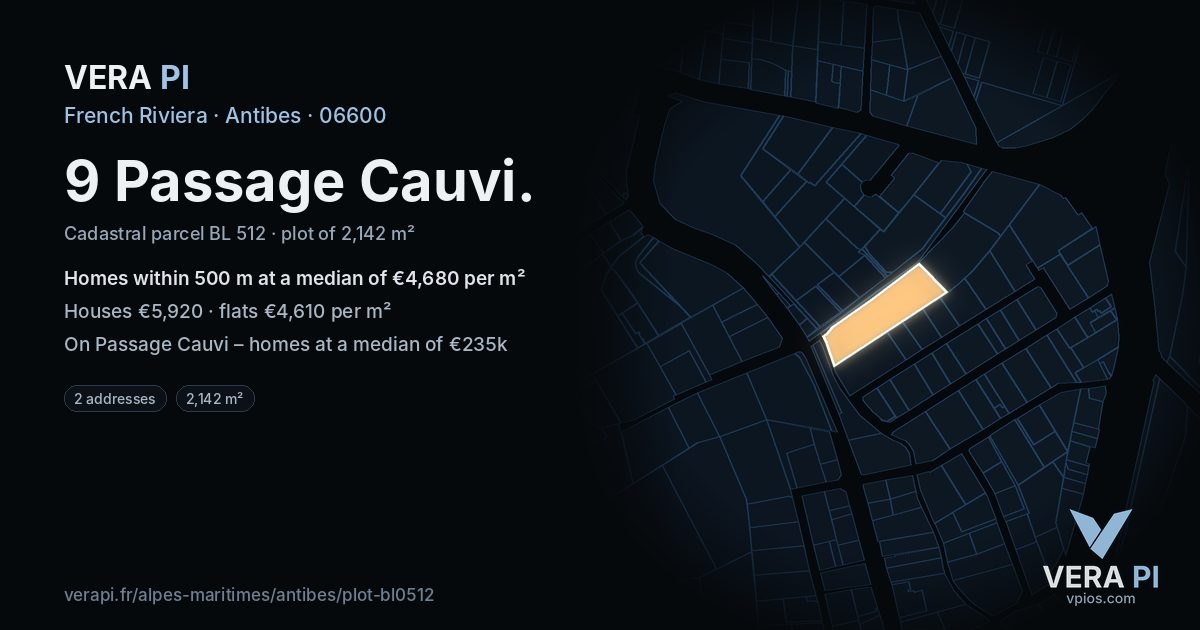 9 Passage Cauvi, Antibes at night – the plot lit, the parcels around coloured by the prices near them