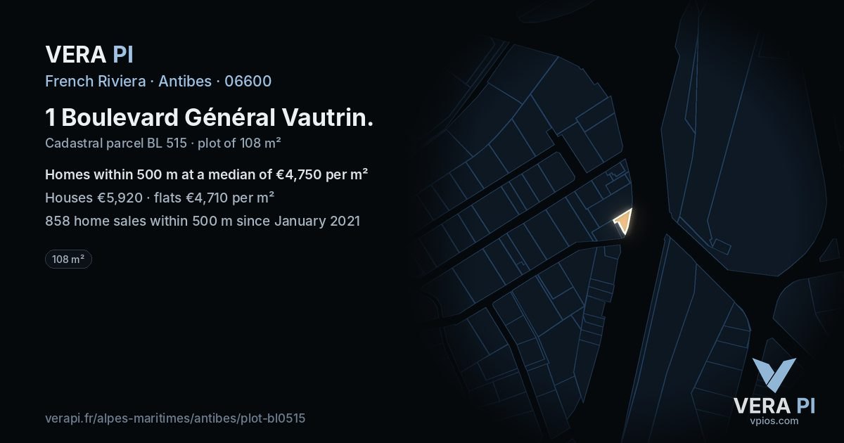 1 Boulevard Général Vautrin, Antibes at night – the plot lit, the parcels around coloured by the prices near them