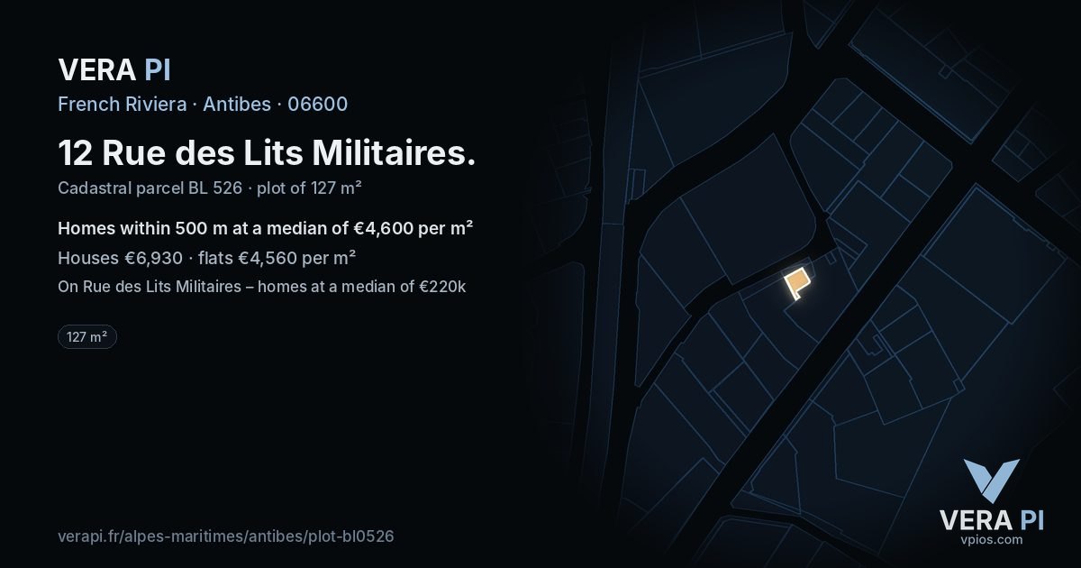 12 Rue des Lits Militaires, Antibes at night – the plot lit, the parcels around coloured by the prices near them