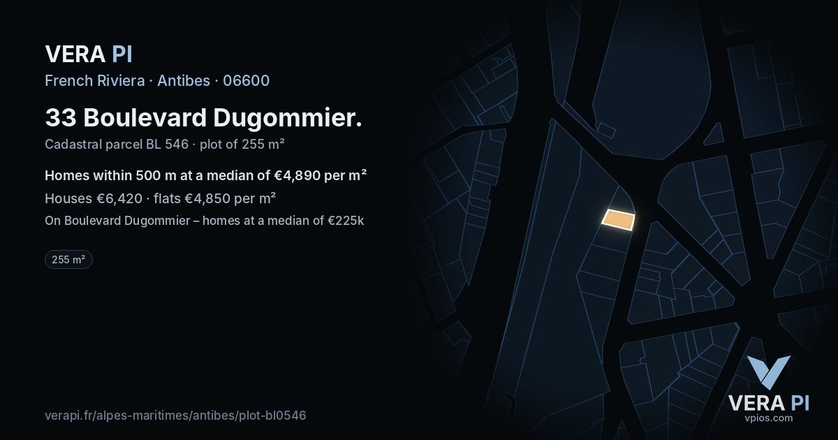 33 Boulevard Dugommier, Antibes at night – the plot lit, the parcels around coloured by the prices near them