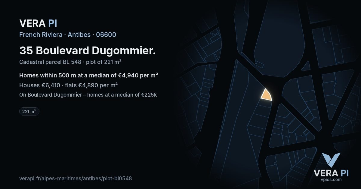 35 Boulevard Dugommier, Antibes at night – the plot lit, the parcels around coloured by the prices near them