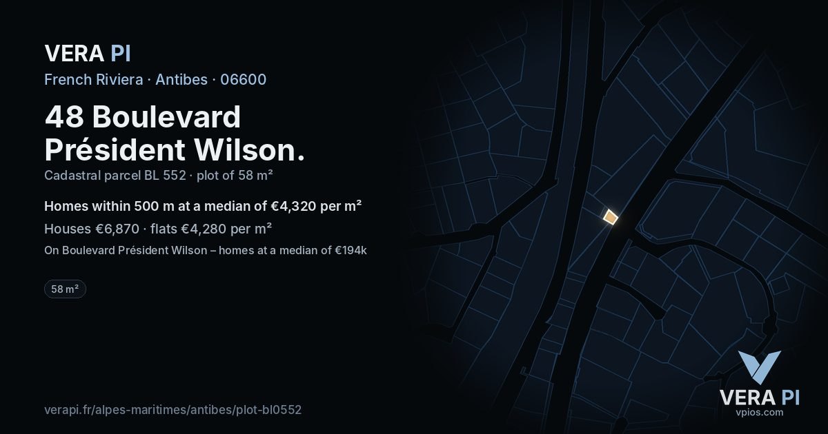 48 Boulevard Président Wilson, Antibes at night – the plot lit, the parcels around coloured by the prices near them