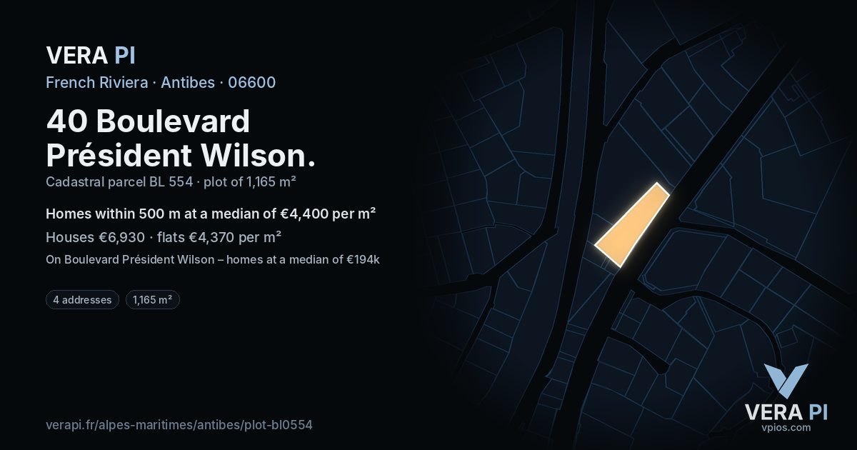 40 Boulevard Président Wilson, Antibes at night – the plot lit, the parcels around coloured by the prices near them
